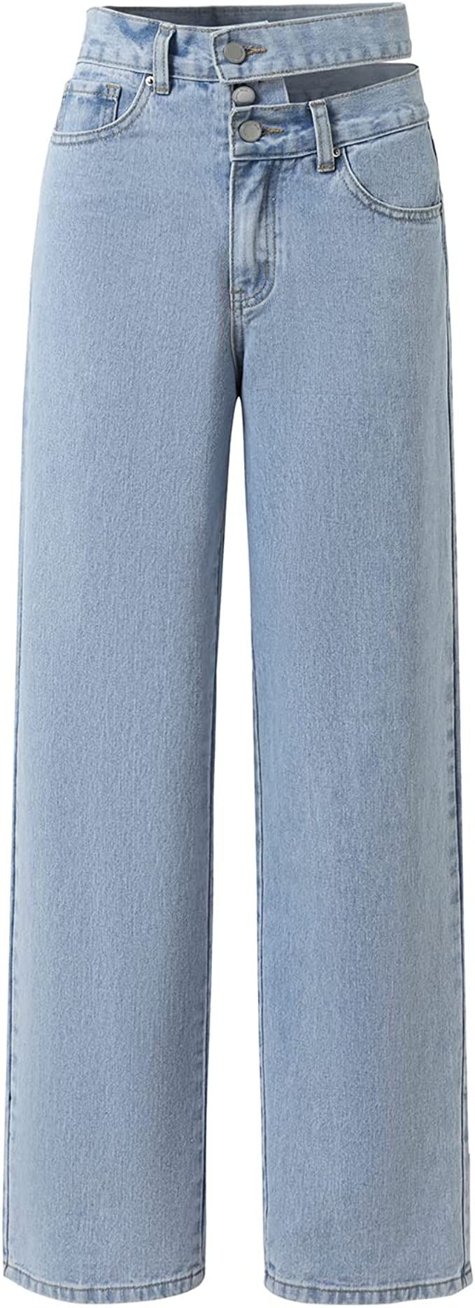 AI YINSU Women's Irregular Cut Straight Leg Jeans with A Hollowed Waist | Amazon (US)