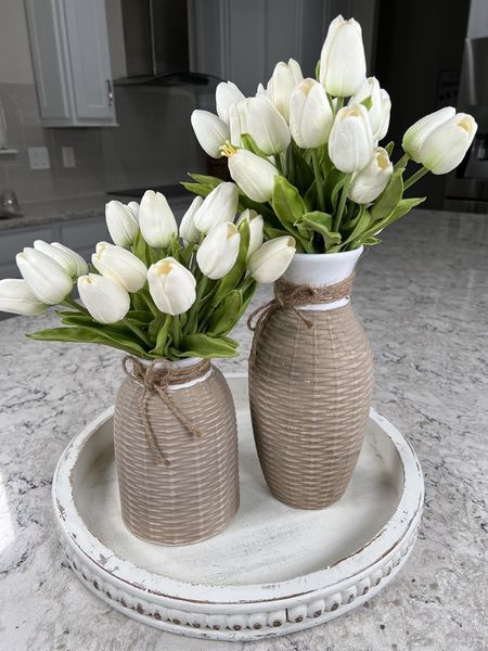 White faux tulips are my favorite spring decor! Available in many colors! Look great in my favorite vase set! White round wood tray completes the look. #amazon #amazonhome #founditonamazon #tulips #Mandy’s #fauxflowers #fauxtulips #artificialflowers #homedecor #springdecor #tray #whitewoodtray #vases #vaseset #home

#LTKhome