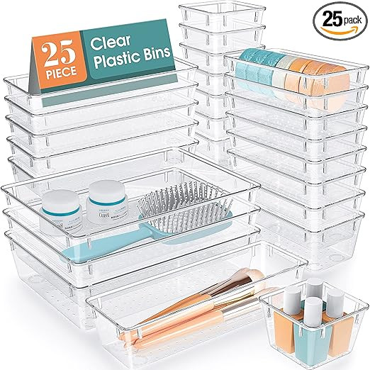 WOWBOX 25 PCS Clear Plastic Drawer Organizer Set, 4 Sizes Desk Drawer Divider Organizers and Stor... | Amazon (US)