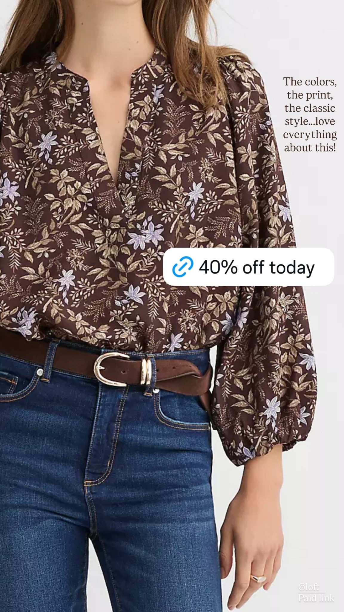 40% off this beautiful floral blouse! 

The colors, the print, the classic style…..love everything about this fall top.

Date night, affordable style, fall fashion, Ann Taylor, Loft, chocolate brown 

#LTKSeasonal #LTKSaleAlert #LTKFindsUnder50