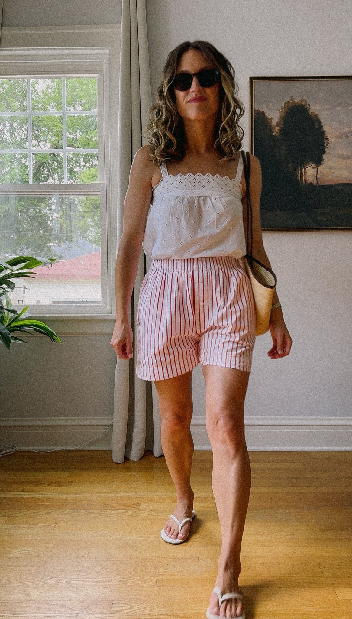 July Capsule // Day Four

Madewell top, XS, runs small in the chest area, consider sizing up. Faherty boxer shorts, XS, run large, size down. Amazon flip flops, TTS. Sèzane bag. Quince sunglasses.