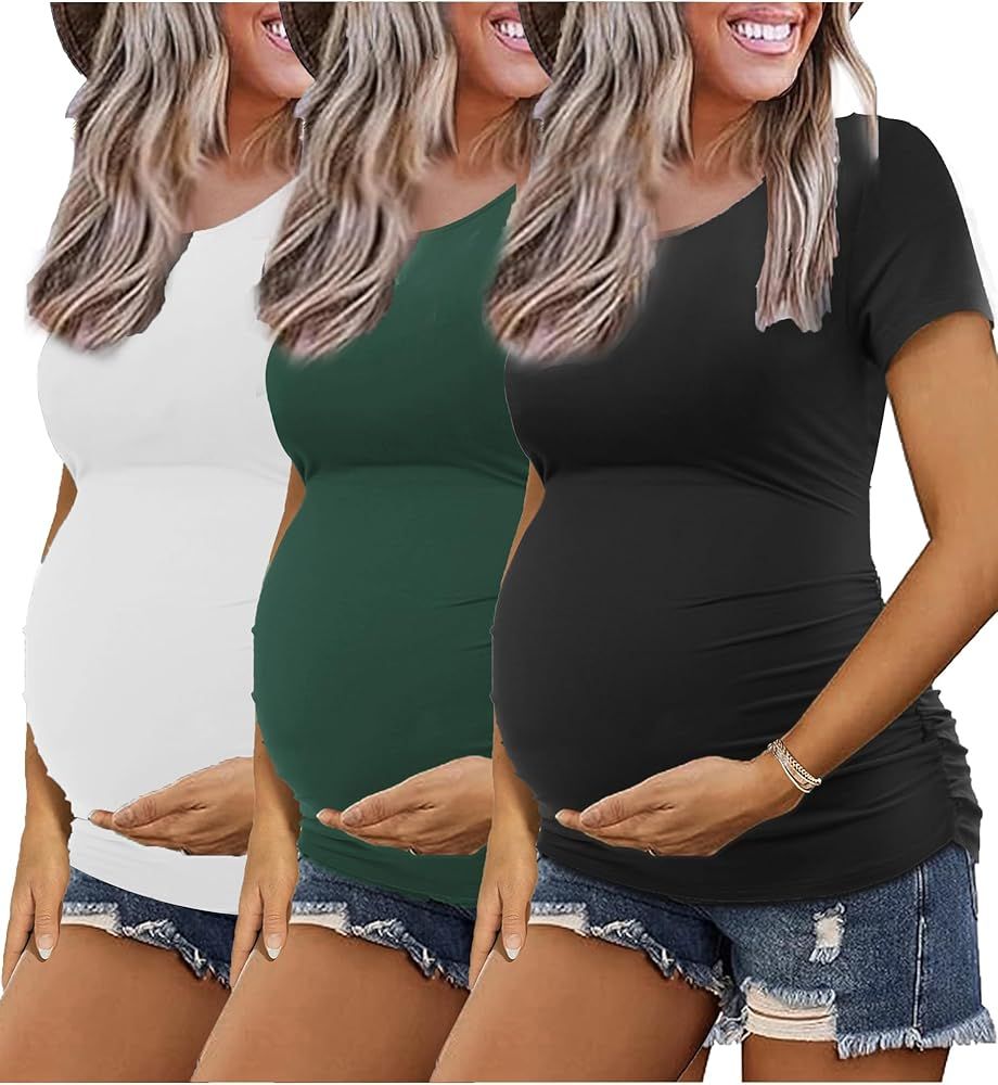 KIM S Maternity Shirts, 3 Packs Maternity Shirt Side Ruched Maternity Tops Casual Pregnancy Mater... | Amazon (US)