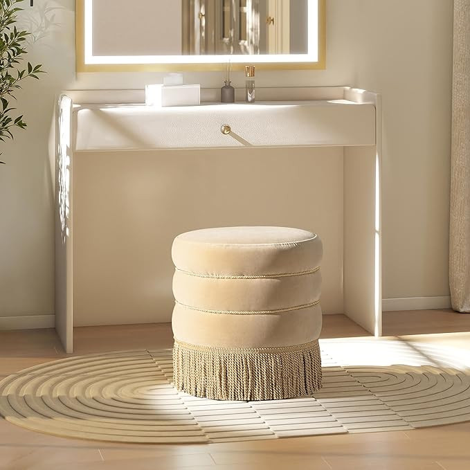 17.5 Inches Round Upholstered Ottoman with Bullion Fringe-Fawn Brown Performance Velvet, Stylish ... | Amazon (US)