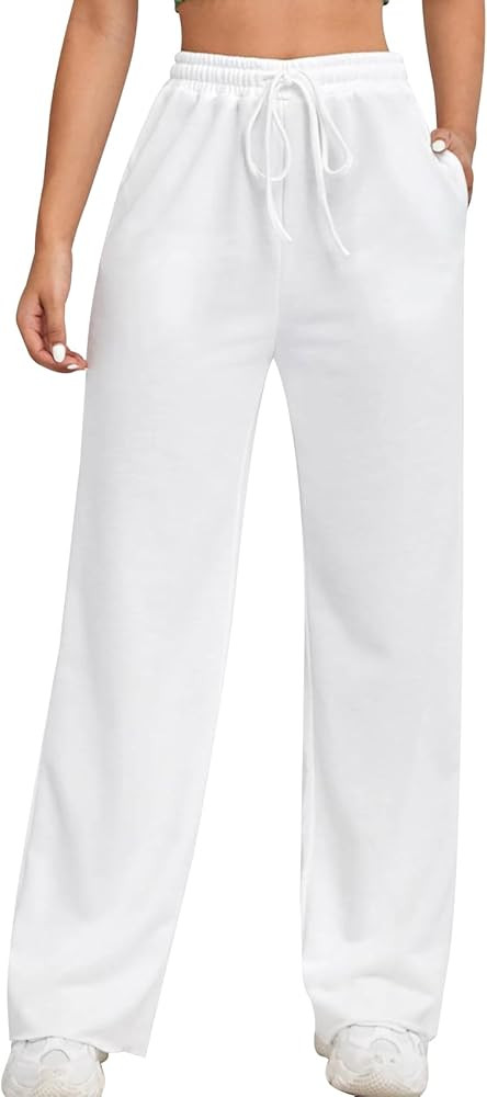 Wide Leg Sweatpants for Women Elastic High Waisted Drawstring Loose Pants with Pockets | Amazon (US)
