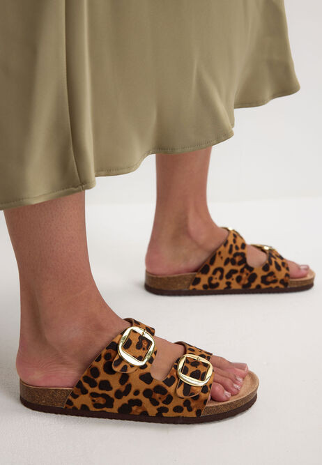 Womens Brown Leopdard Print Buckle Footbed Sandals | Peacocks