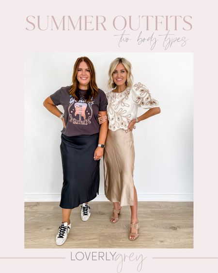 Two ways to style this satin slip skirt! I am wearing an XS and Nichelle is in an XL! So easy to dress up or down 👏 

Loverly Grey, two different body types, summer outfit ideas 

#LTKstyletip #LTKSeasonal #LTKFind