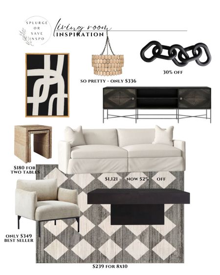 Living room furniture on sale. White sofa. Abstract art black white. Diamond rug. Nesting side table. Accent white chair. 

#LTKhome #LTKsalealert