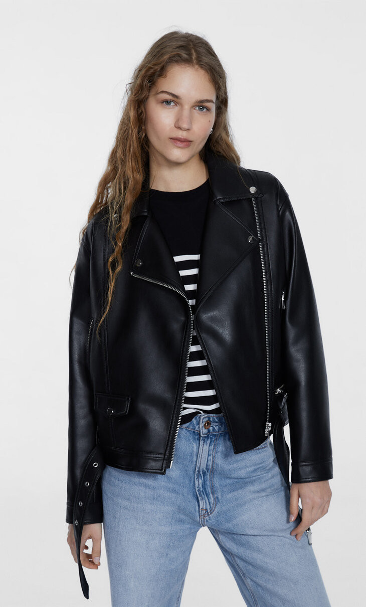 Mid-length faux leather biker jacket | Stradivarius (UK)