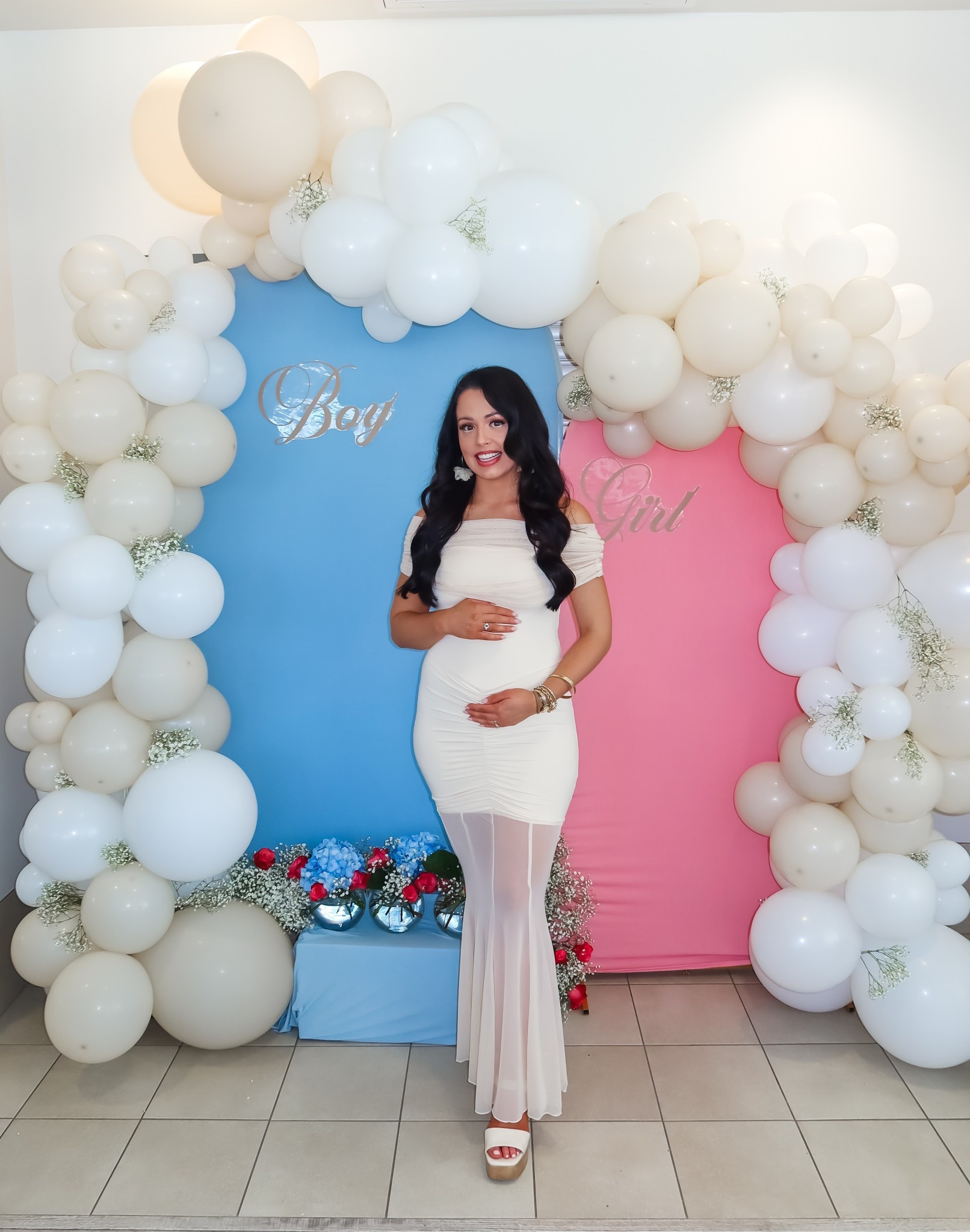 Under $55 Amazon cream off the shoulder sheer dress (small, 3 colors), under $15 Amazon floral earrings, perfect for a baby or bridal shower! Under $20 Amazon cream and white balloons, girl or boy gold decal 

#LTKParties #LTKBump #LTKWedding