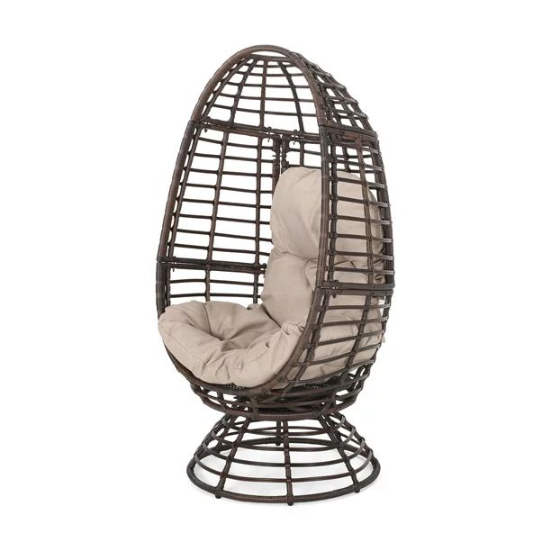 Jordyn Outdoor Wicker Swivel Egg Chair with Cushion, Dark Brown, Beige | Walmart (US)
