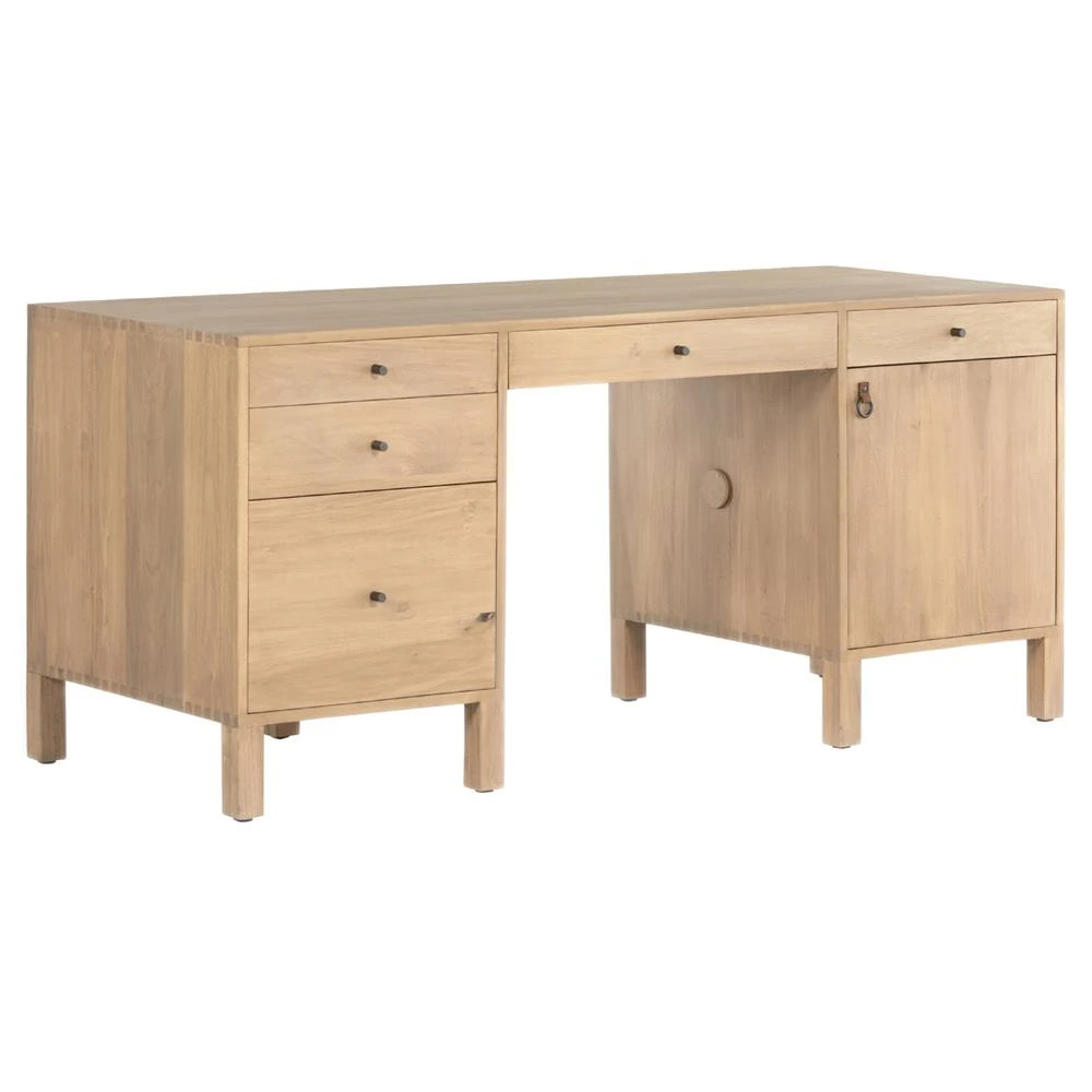Isaac Rustic Lodge Brown Wood 5 Drawer 1 Door Executive Desk | Kathy Kuo Home