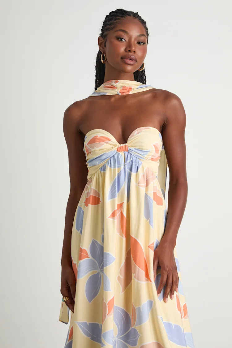 Kelia Light Yellow Leaf Print Midi Dress and Scarf Set | Lulus