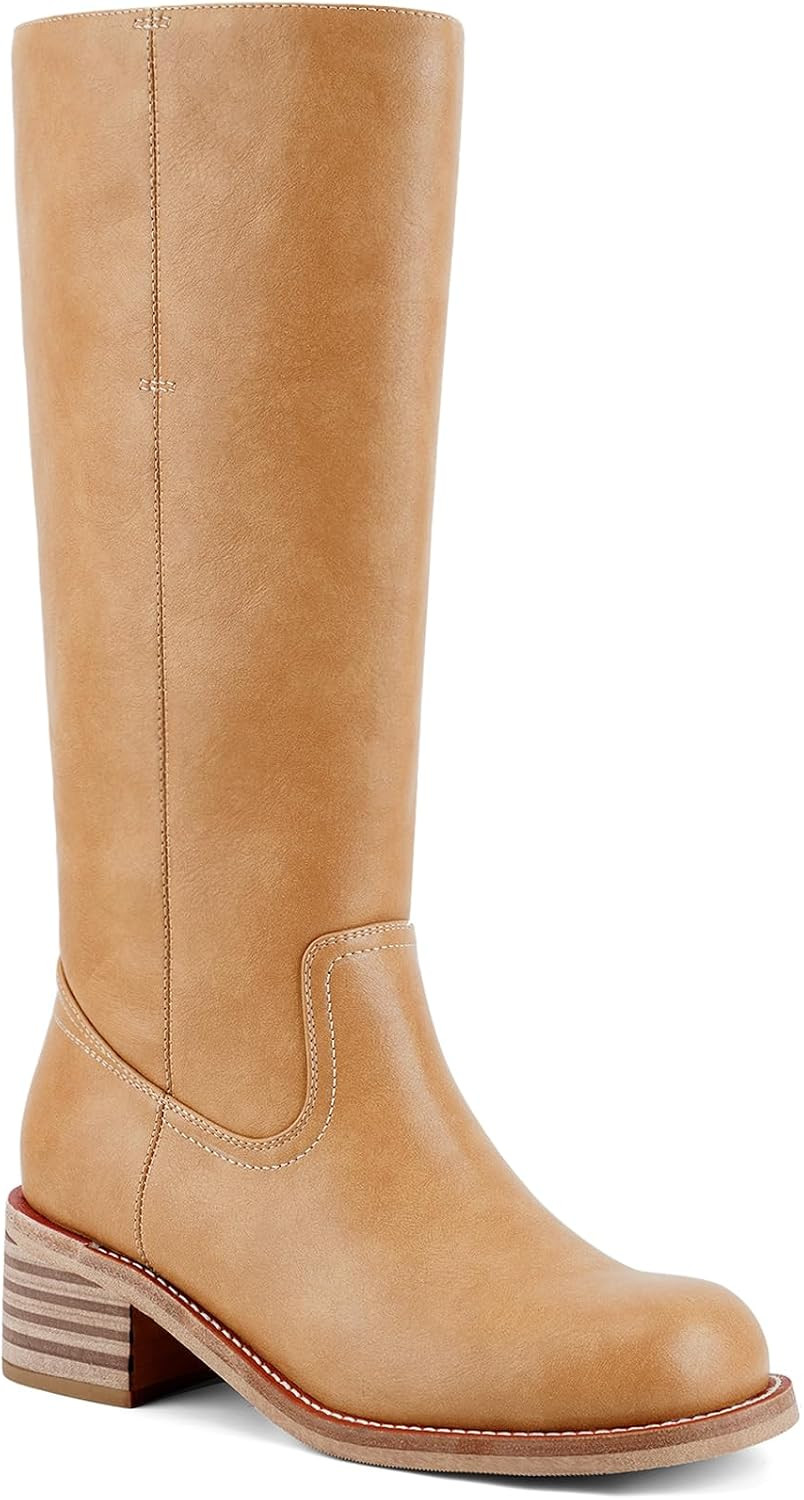UBWDU Women's Knee High Boots Chunky Block Heel Long Boots Square Toe Low Heel Boots for Women | Amazon (US)