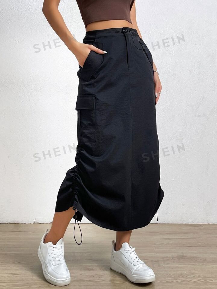 SHEIN EZwear Women's Black Pu Leather Drawstring Side Flap Pocket Split Back Cargo Skirt | SHEIN