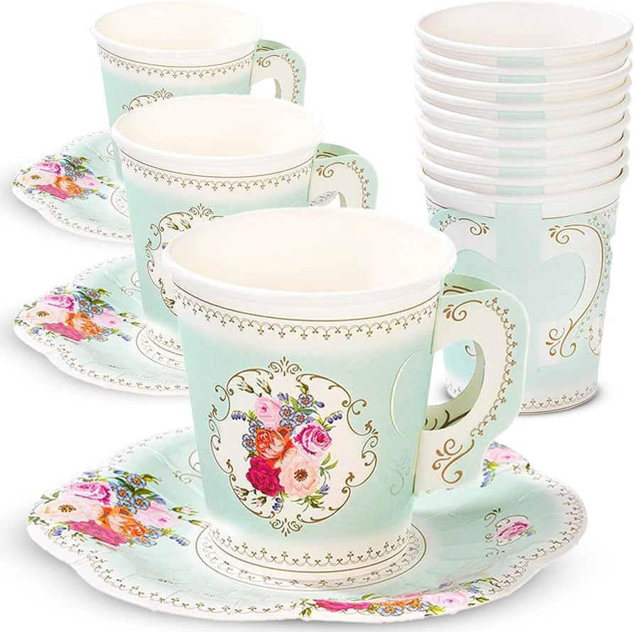 12 x Vintage Paper Floral Disposable Tea Cups & Saucer Set, Afternoon Tea Party Table Decorations... | Amazon (US)