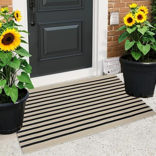 USTIDE Striped Front Door Mat Black Tan Striped Doormat 27.5'' x 43.3'' Small Cotton Washable Indoor Outdoor Rug Hand-Woven Welcome Layered Doormat Carpet for Kitchen/Bedroom/Laundry Room/Bathroom | Amazon (US)