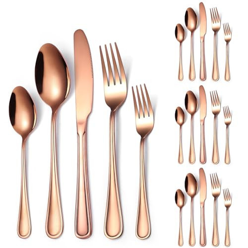 A · HOUSEWARE 20 Pieces Rose Gold Flatware Set for 4 Person Luxury Stainless Steel Cutlery Forks Knives Spoons Modern Eating Utensils Double Line Edges Handle | Amazon (US)