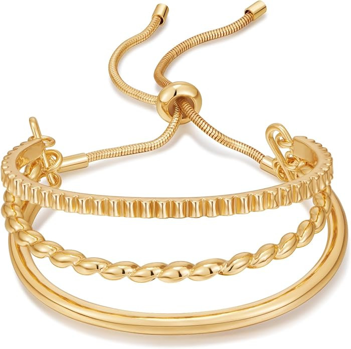 WOWORAMA Dainty Slider Bangle Bracelet for Women, Gold/White-Gold/Rose-Gold | Adjustable Slider B... | Amazon (US)