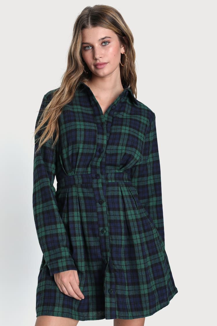Autumn Ease Green and Navy Plaid Mini Dress With Pockets | Lulus (US)