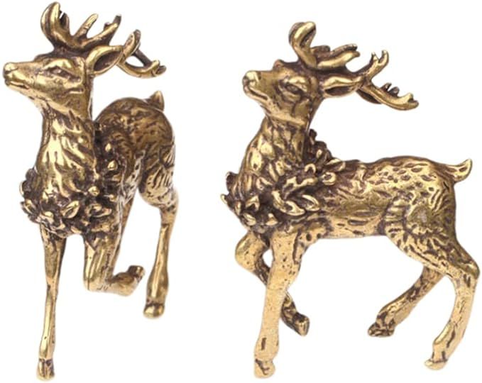 ULTNICE 2Pcs Brass Deer Statue, Deer Figurine Home Decor, Good Luck Deer Decor, Brass Deer Decor ... | Amazon (US)