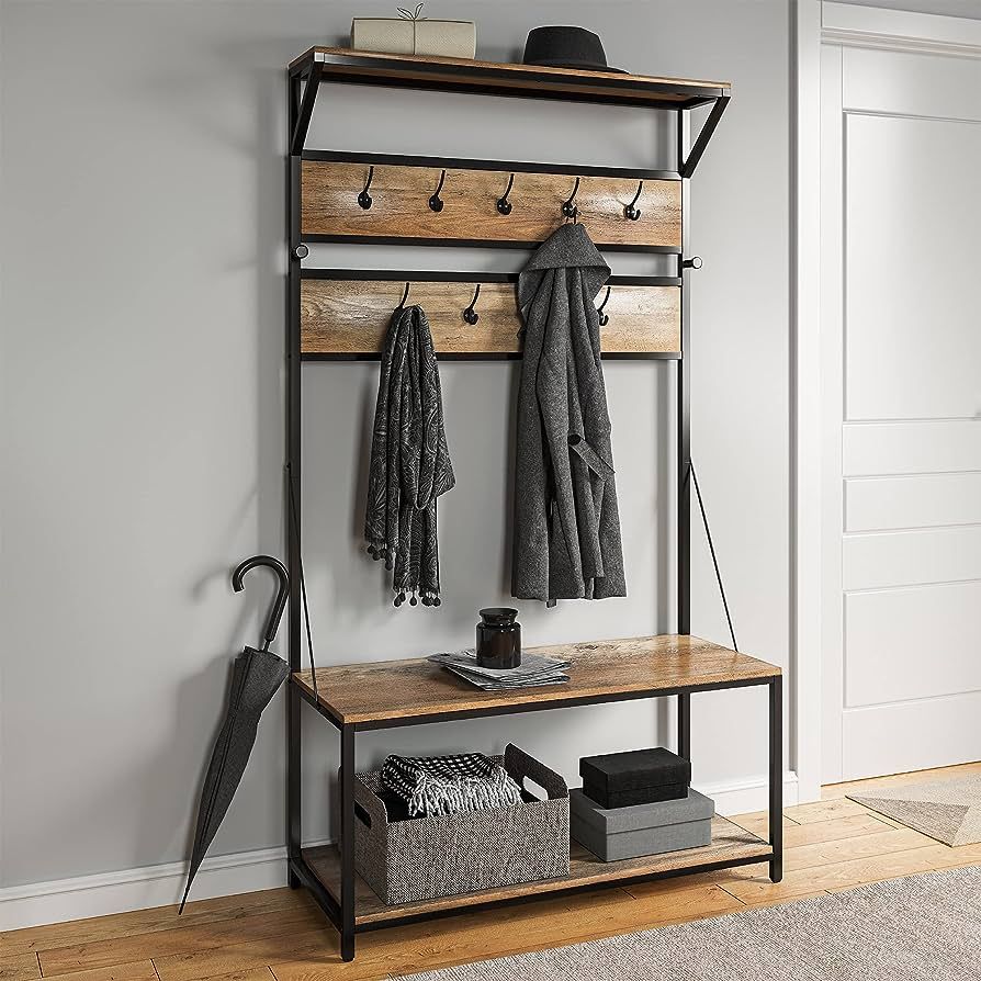 BELLEZE Modern Entryway Hall Tree Coat Rack Storage Shoe Bench with 4-in-1 Design, 11 Hooks, Wood... | Amazon (US)