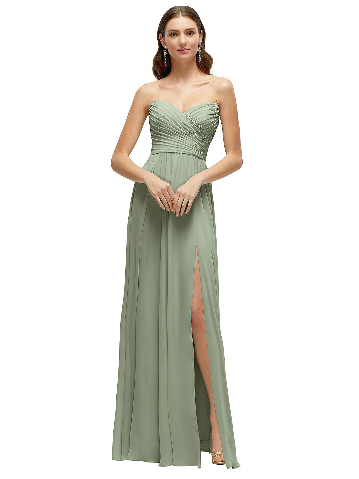 Strapless Pleated Surplice Chiffon Maxi Dress with A-Line Skirt in Sage | The Dessy Group