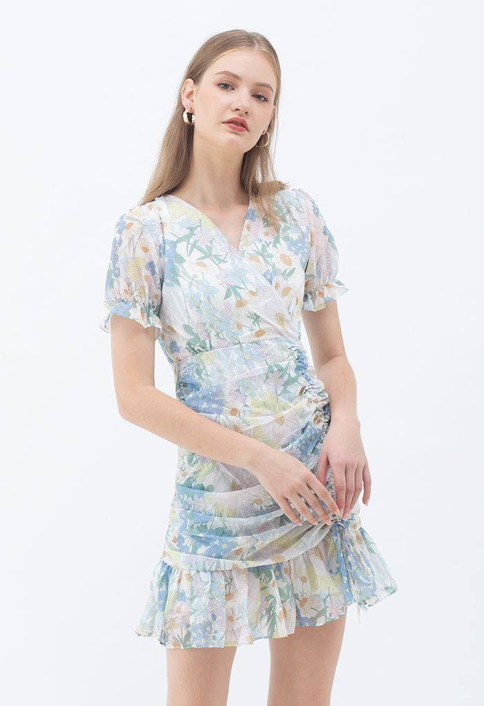 Floral Drawstring Ruched Ruffle Bodycon Mini Dress | Chicwish
