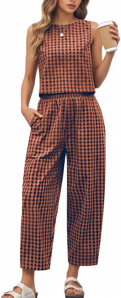 2 Piece Sets For Women 2025 Summer Fall Matching Wide Leg Crop Pants Outfits Travel Vacation Beac... | Amazon (US)
