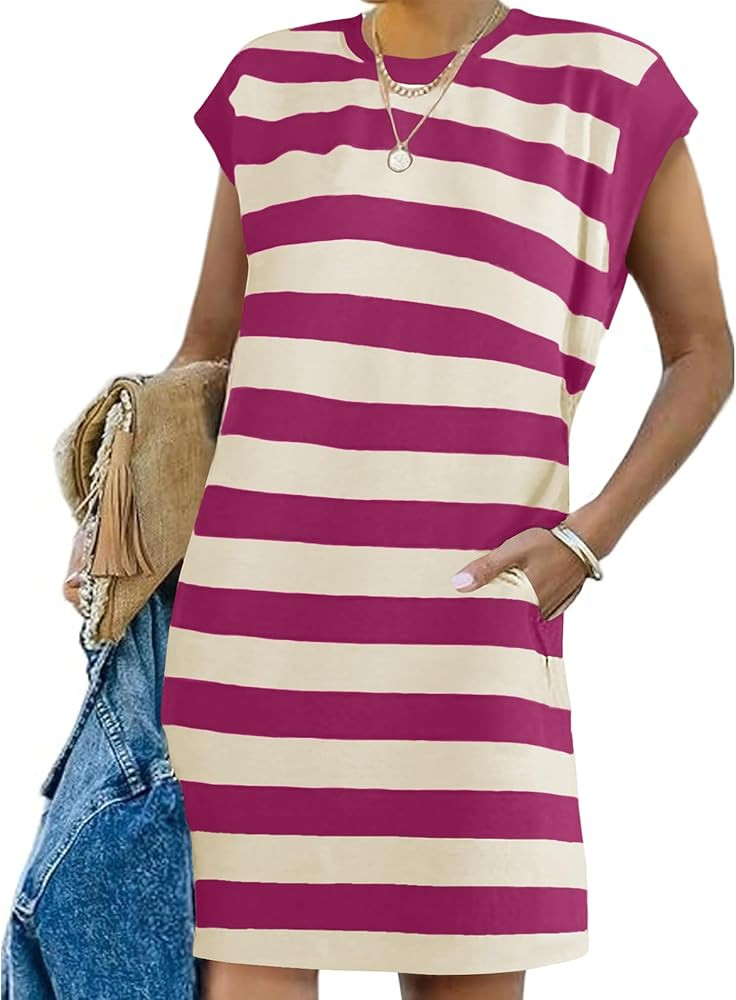 Naggoo Womens Summer Striped T Shirt Dress Crew Neck Cap Sleeve Color Block Casual A Line Short D... | Amazon (US)