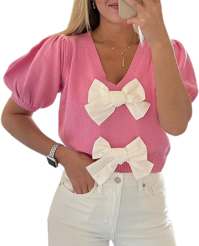 Womens Short Puff Sleeve Cropped Knit Sweater Tops V Neck Double Bow Tie Solid Color Casual Pullo... | Amazon (US)