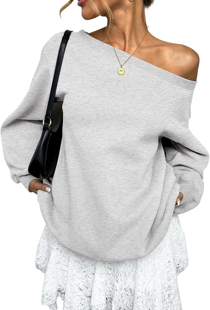 Womens Fleece Lined Sweatshirt Off Shoulder Long Sleeve Pullover Top Oversized Shirt Basic Slouch... | Amazon (US)