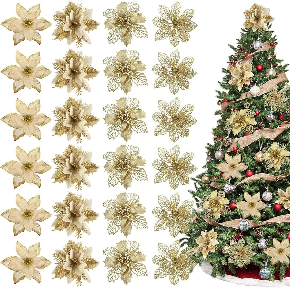 Whaline 24Pcs Christmas Poinsettia with 24Pcs Clips 4 Design Glitter Gold Artificial Flower Winte... | Amazon (US)
