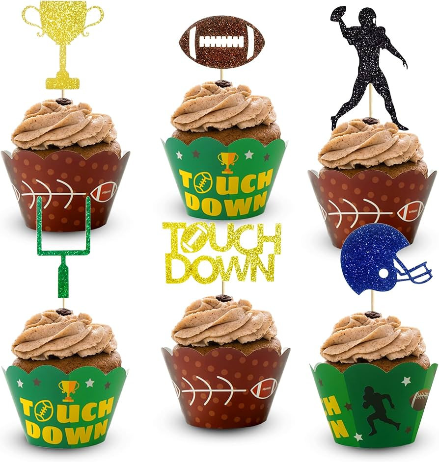 48PCS Football Cupcake Toppers Kits with Cupcake Liners Wrappers and Rugby Ball Cake Topper Picks... | Amazon (US)