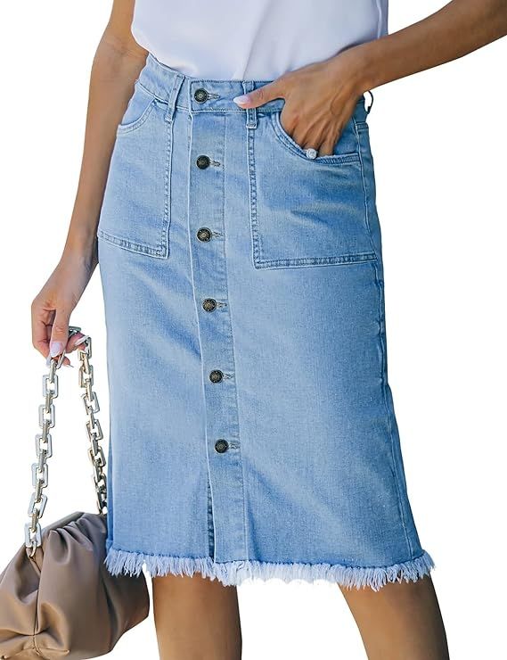 luvamia Women's Casual Mid Rise Button Down Frayed Raw Hem Denim Jean Midi Skirt | Amazon (US)