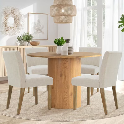 5-Piece Round Dining Table Set & 4 Beige Upholstered Chairs, Modern Wood Pedestal Table Set for Kitchen, Breakfast Nook or Dining Room-Panipeachy | Target