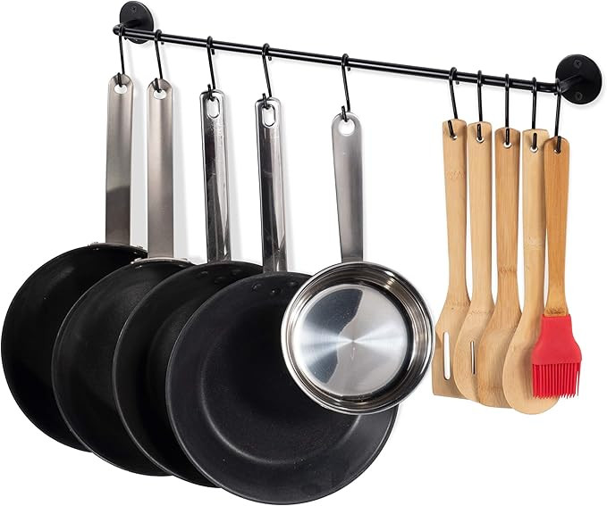 Wallniture 24" Gourmet Kitchen Rail for with 10 S Hooks for Hanging Utensils, Pot Pan Lid Rack St... | Amazon (US)