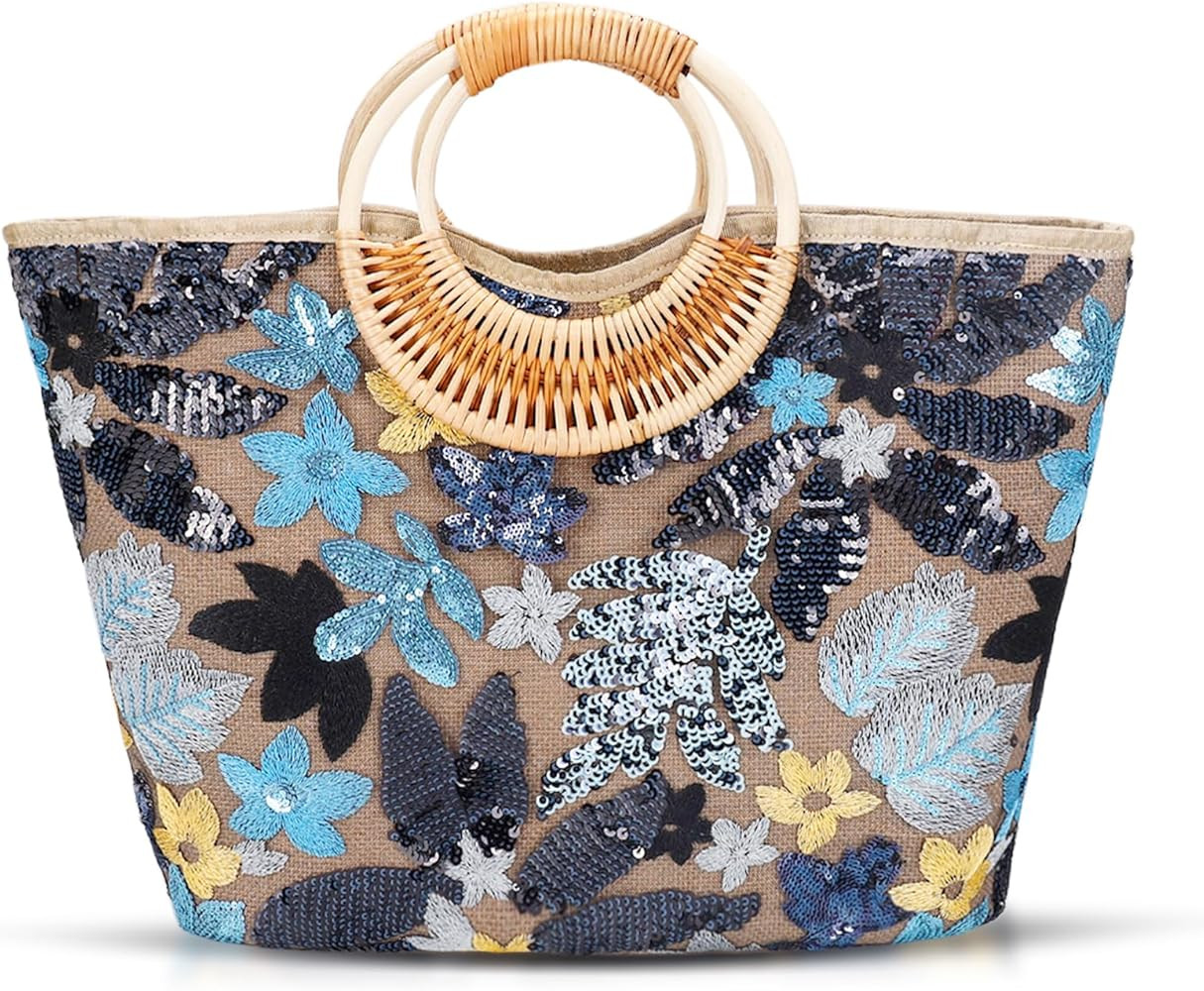 Tote Bag for Women, Beach Bag, Sequin Embroidery Straw Bag, Hand-Woven Rounded Bamboo Handle, Boh... | Amazon (US)