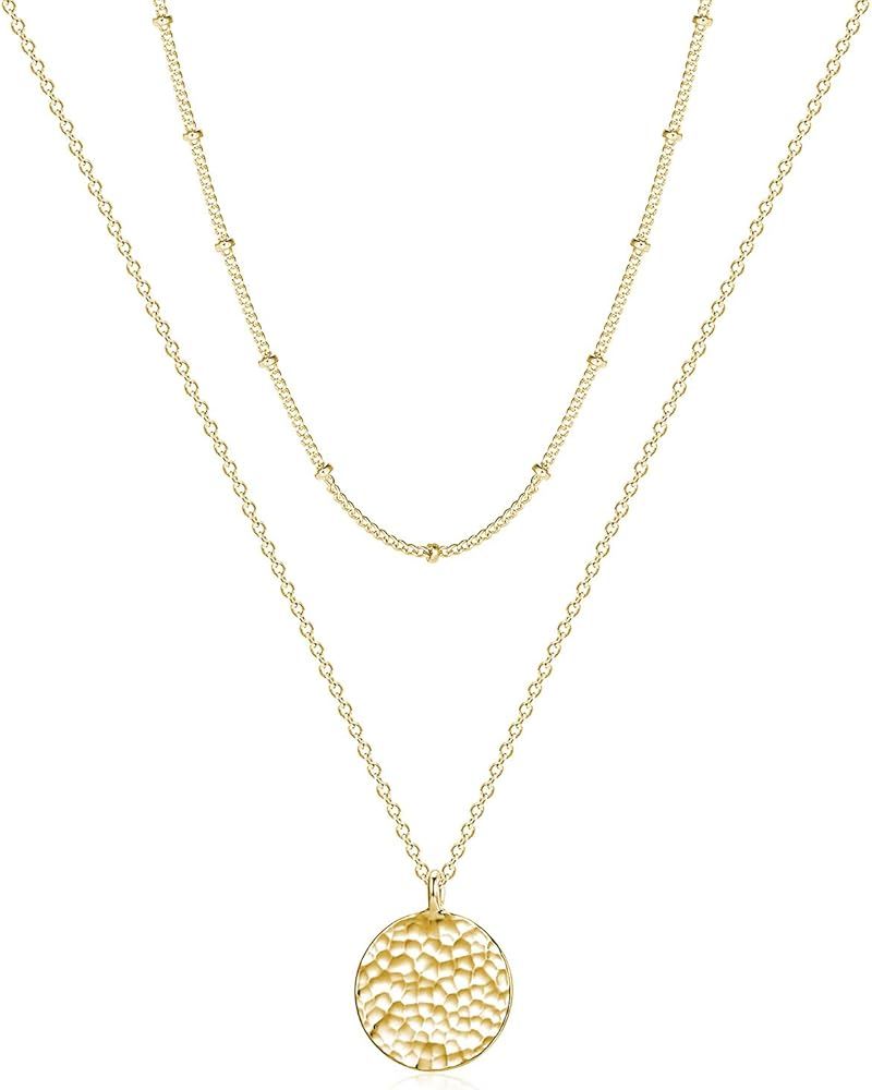 Amazon.com: Fettero Layered Necklace Gold Satellite Chain Choker Coin Disc Hammered Pendant Daint... | Amazon (US)