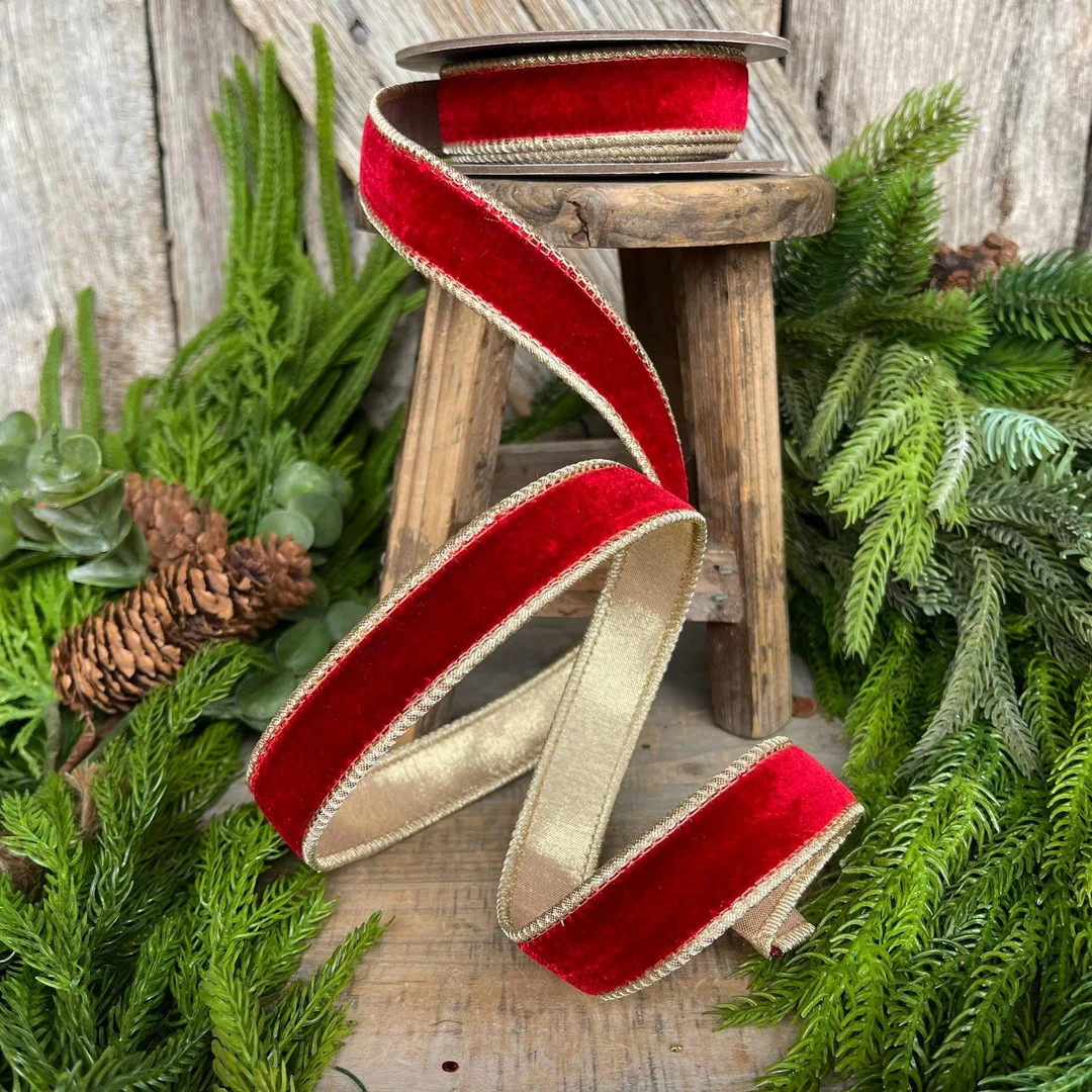 1" Red Plush Velvet Ribbon, Wired Ribbon, Red Velvet Ribbon, Christmas Ribbon, Holiday Ribbon, Re... | Etsy (US)