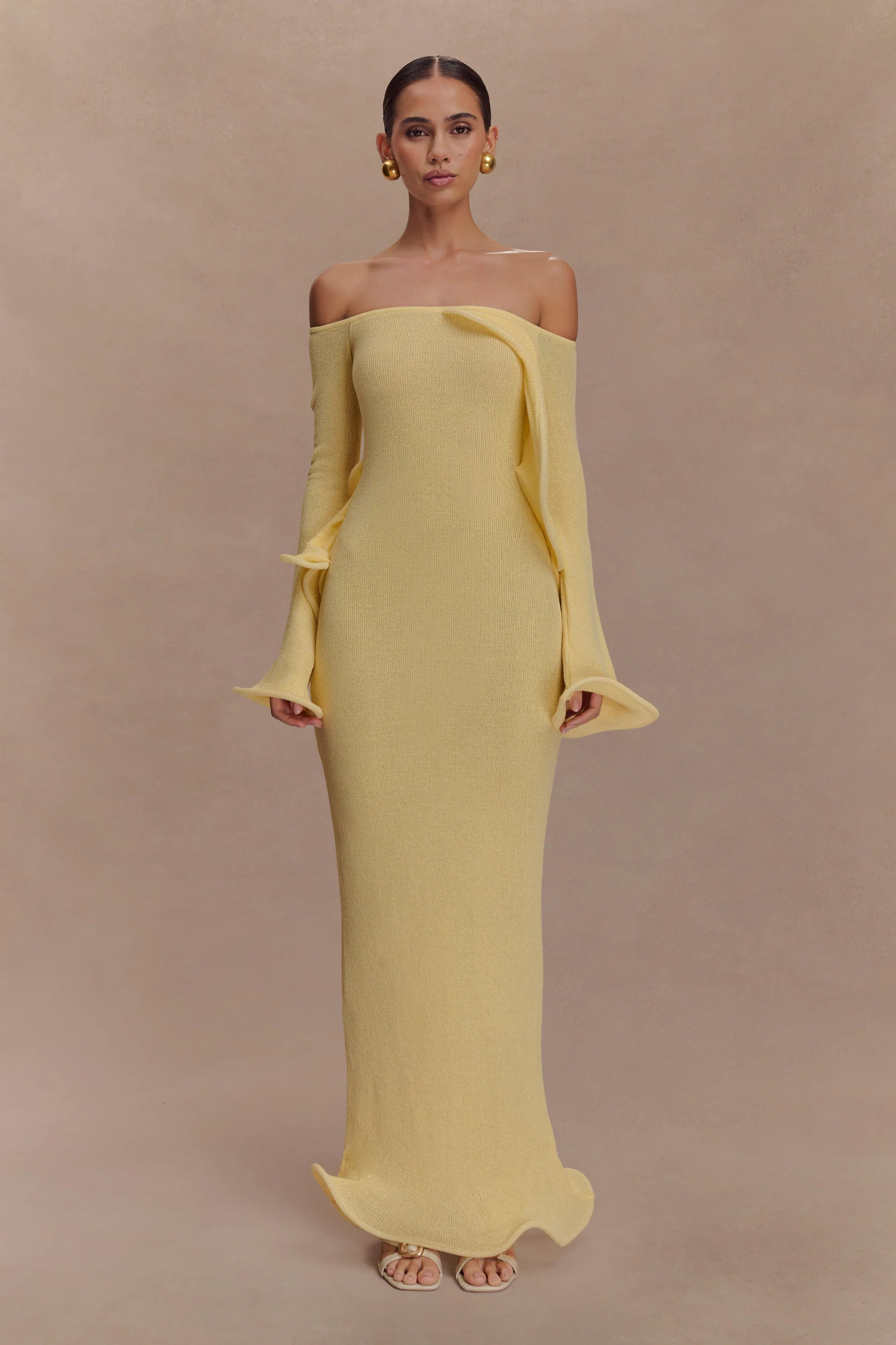 Off Shoulder Knit Maxi Dress - Lemon | MESHKI US