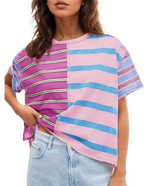 Tankaneo Womens Summer Striped Shirts Casual Color Block Short Sleeve Tops Loose Fit Crew Neck Te... | Amazon (US)