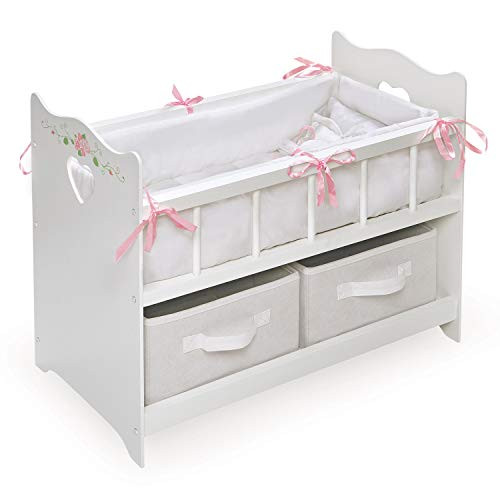 Badger Basket Wooden Doll Bed with Bed Liner, Pillows and Two Storage Baskets - Fits 18" Dolls - Ideal for Pretend Play and Baby Doll Fun - White/Rose Design with Free Personalization Kit | Amazon (US)