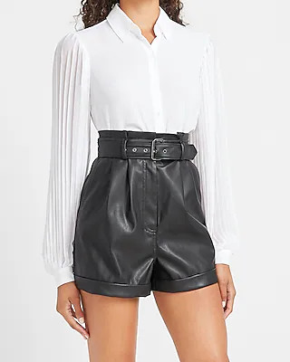 Super High Waisted Vegan Leather Belted Shorts | Express