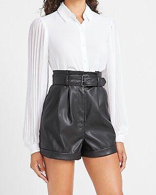 Super High Waisted Vegan Leather Belted Shorts | Express