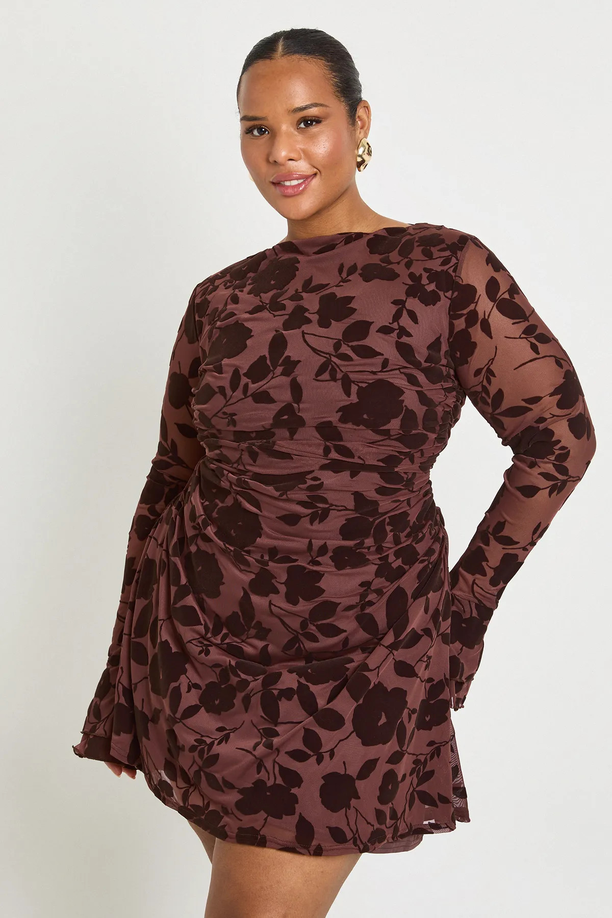 Plus Devore Ruched Waist Flared Sleeve Skater Dress | boohoo (US & Canada)