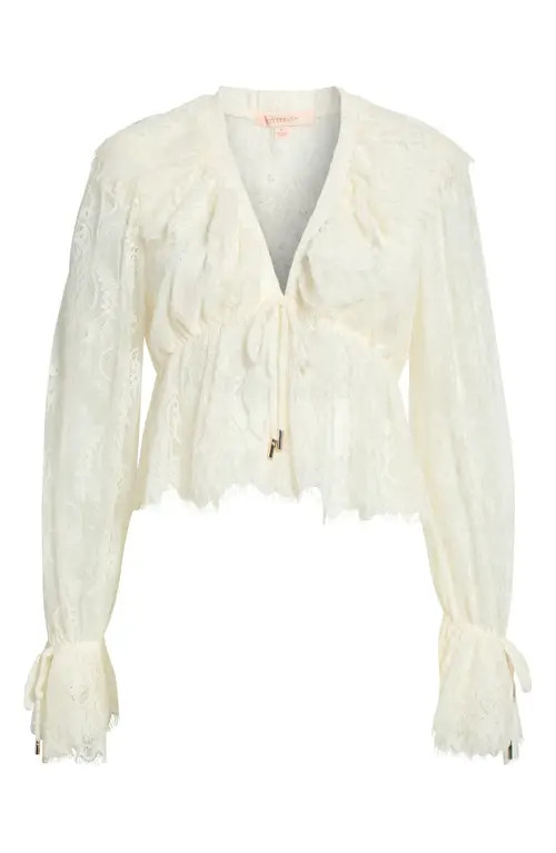 KITTENISH Long Sleeve Crop Lace Top in Egret at Nordstrom, Size Medium | Nordstrom