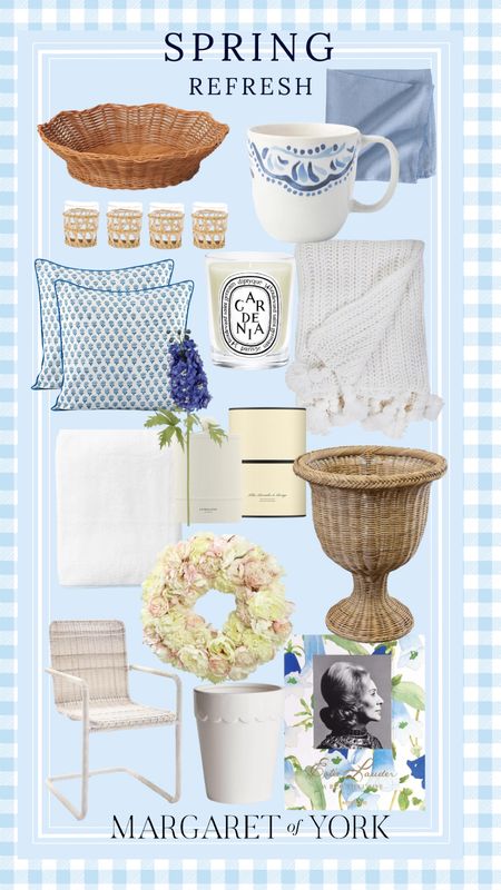 Spring home refresh, wicker planter, lilac candle, block print pillows, throw blanket, patio furniture, coffee table books, wicker tray, linen napkins, 