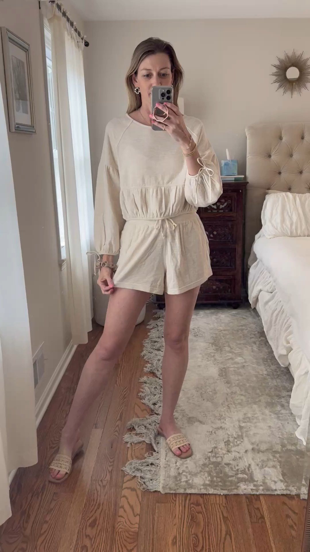 Cute comfy set for summer. High waisted pull on shorts and semi cropped pullover with bows. Woven slide sandals. Raffia slides. Affordable style. Affordable summer outfit  

#LTKFindsUnder50 #LTKSeasonal #LTKShoeCrush