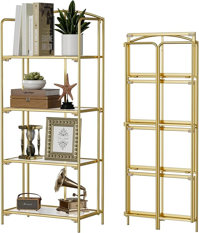 Crofy No Assembly Folding Bookshelf for Living Room, 4 Tier Gold Collapsible Book Shelf for Home ... | Amazon (US)