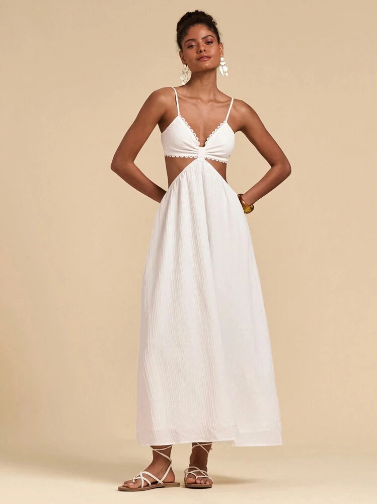 Travachic Solid Woven Sleeveless Cutout Long Dress For Women, Suitable For VacationSpring And Summer Outfits,Summer Clothes,Valentine's Day,Vacation Outfits Woman,Beach Outfits For Woman, Festival,Romantic And Elegant Clothing,BOHO | SHEIN